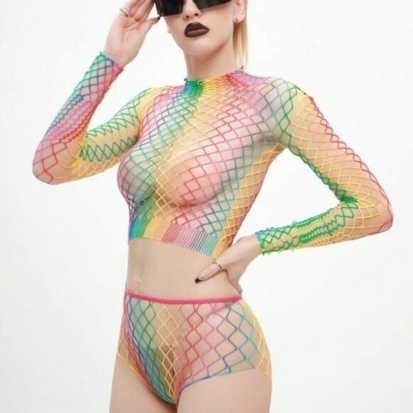 Rainbow Color Long-Sleeve Two-Piece Fishnet Set One-Size - Picture 5 of 6